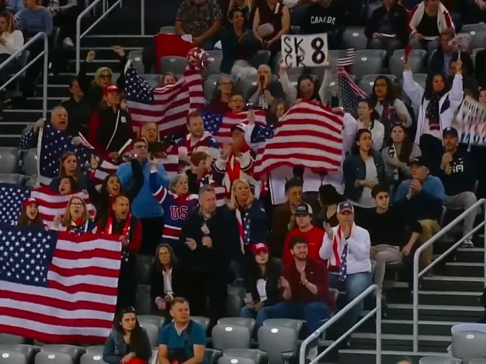 Supporters filling the stands with United States flags at a championship
